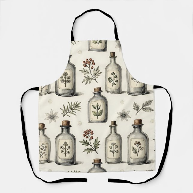 Vintage Apothecary Herb Bottles Pattern Apron (Front)