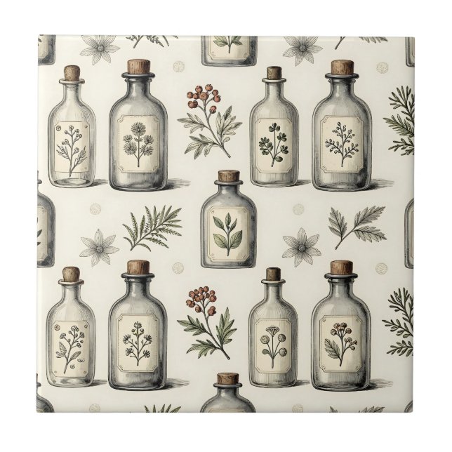 Vintage Apothecary Herb Bottles Pattern Ceramic Tile (Front)