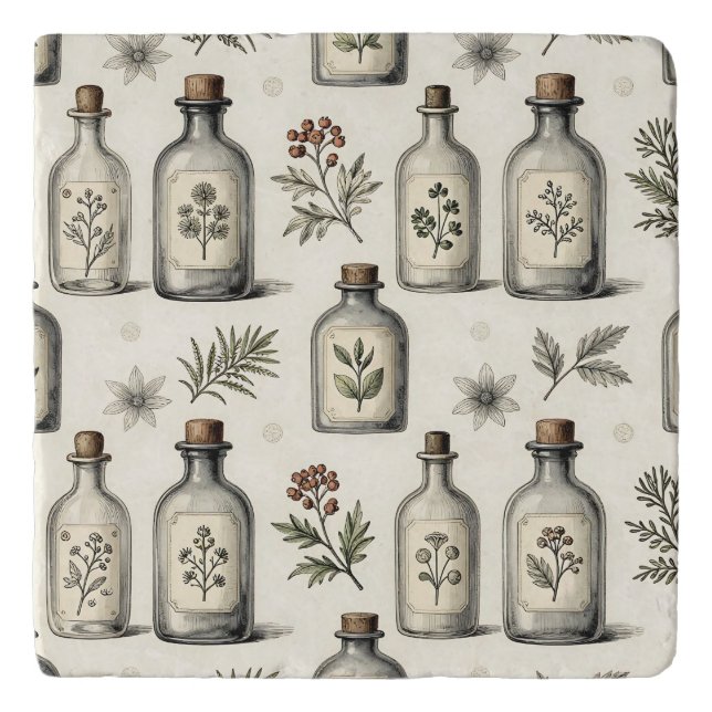 Vintage Apothecary Herb Bottles Pattern Trivet (Front)