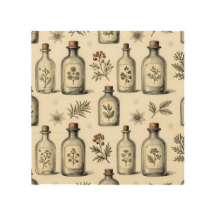 Vintage Apothecary Herb Bottles Pattern Wood Wall Art