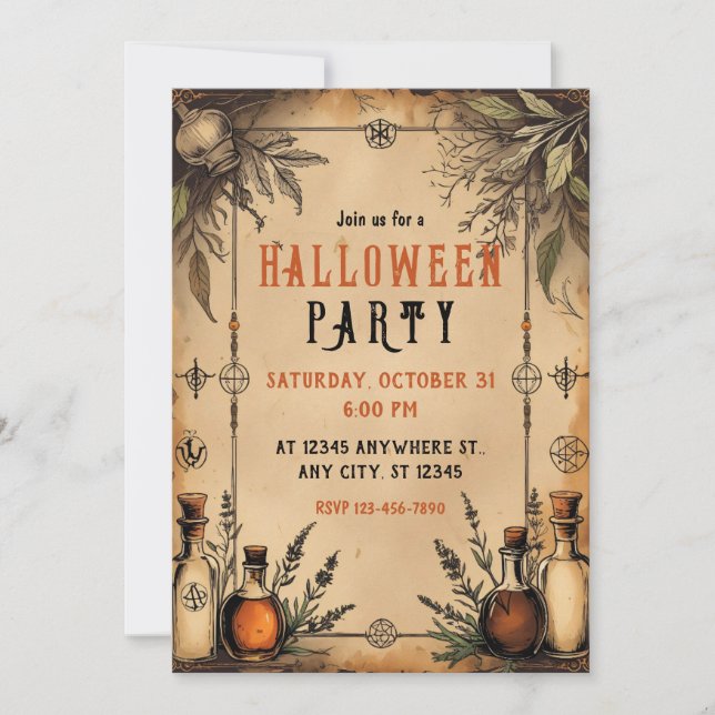 Vintage Apothecary, Potion Bottles, Halloween Invitation (Front)