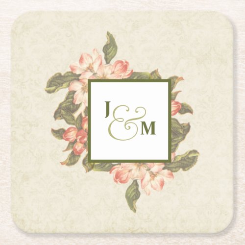 Vintage Apple Blossom Wedding  Initials Square Paper Coaster