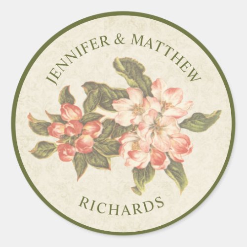 Vintage Apple Blossom Wedding  Name Classic Round Sticker