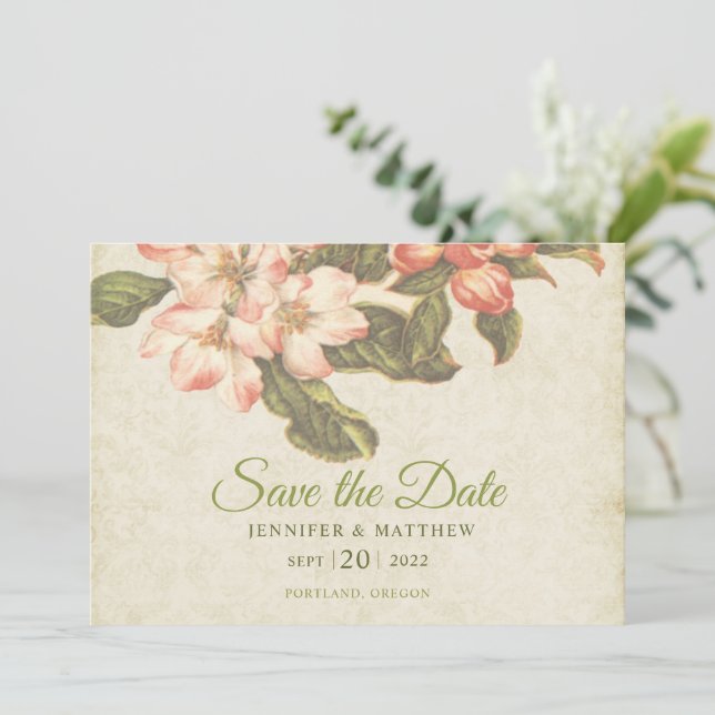 Vintage Apple Blossom Wedding Save the Date Card (Standing Front)