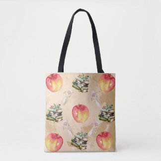 Vintage Apple & Book Pattern – Cozy Fall Vibe Tote Bag
