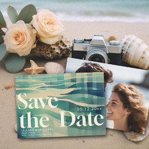 Vintage Aqua 70s Waves Photo Wedding Save the Date Invitation
