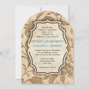 Vintage Aqua  and Brown Floral Pattern Wedding Invitation