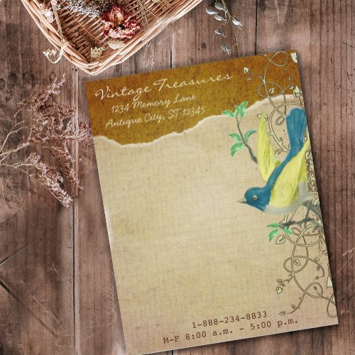 Vintage Aqua and Yellow Bird Torn Paper Letterhead