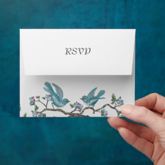 Vintage Aqua Birds Hot Pink Blooms RSVP Envelopes