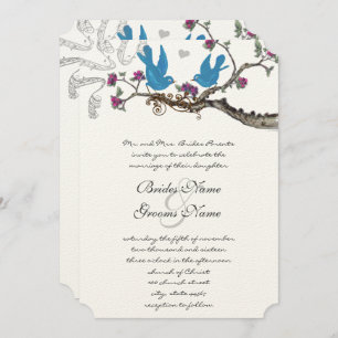 Vintage Aqua Birds Pink & Purple  Wedding Invite