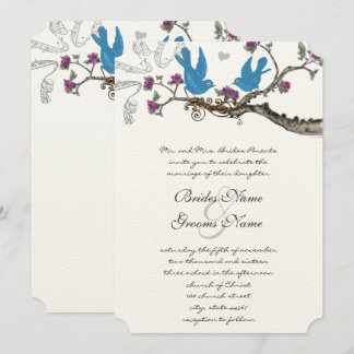 Vintage Aqua Birds Pink & Purple Wedding Invite