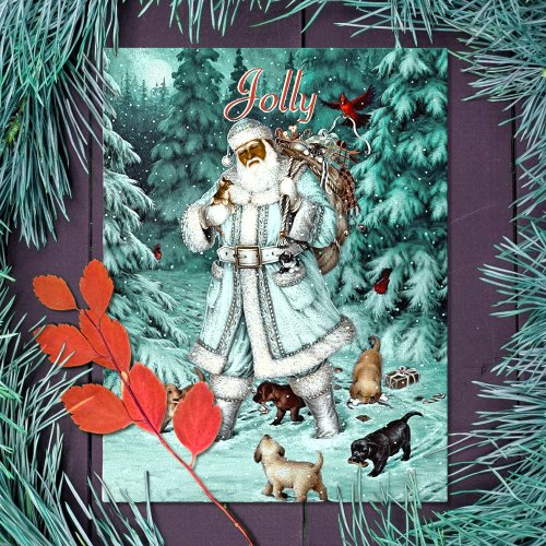 Vintage Aqua Blue Black Santa Claus Christmas Holiday Postcard