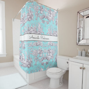 Vintage Aqua Blue Floral Toile de Jouy Monogram Shower Curtain