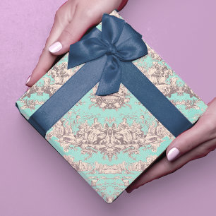 Vintage Aqua Blue Floral Toile Gift Wrapping Paper Sheets