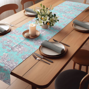 Vintage Aqua Blue French Floral Toile de Jouy Short Table Runner
