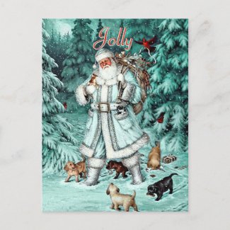 Vintage Aqua Blue Santa Claus Christmas Woods Holiday Postcard