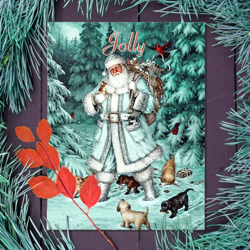 Vintage Aqua Blue Santa Claus Christmas Woods Holiday Postcard