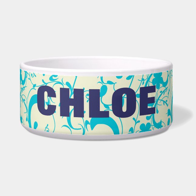 Vintage Aqua Blue Scrolls Flourishes Personalized Bowl (Front)