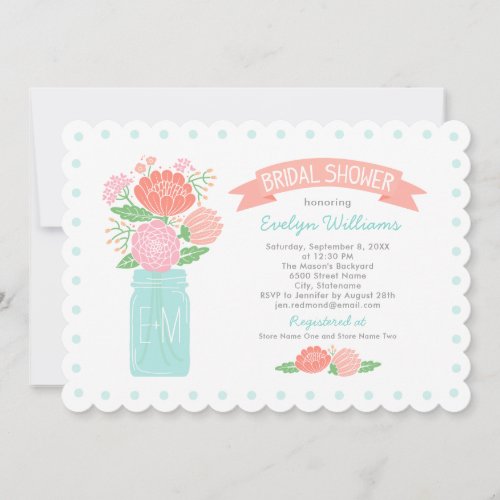 Vintage Aqua Blush Floral Mason Jar Bridal Shower Invitation