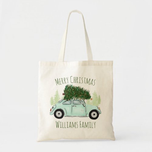 Vintage Aqua Car Christmas Tree Name Holiday Tote Bag