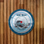 Vintage Aqua Car On Beach "Ride The Wave" Quote Dart Board<br><div class="desc">Vintage Aqua motor vehicle,  Car On Beach in the ocean "Ride The Wave" Quote Dart Board</div>