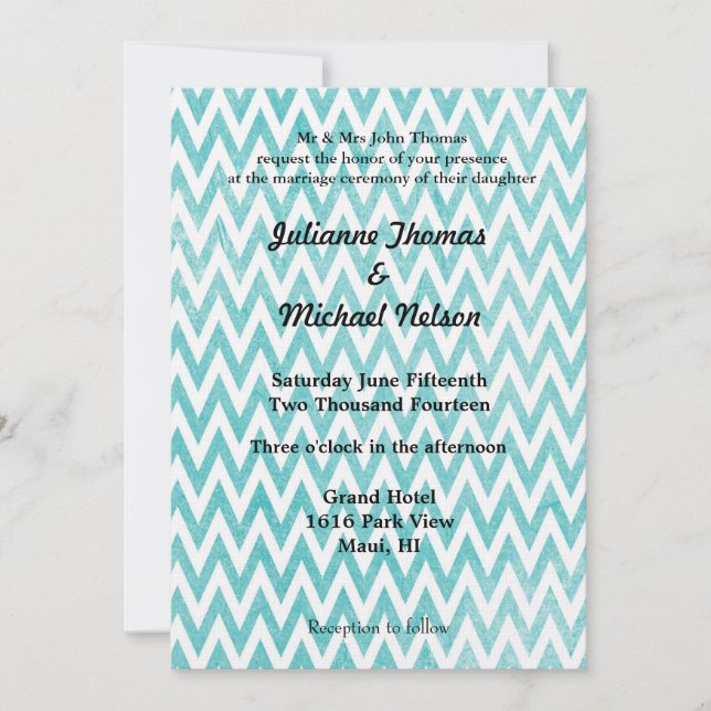 Vintage Aqua Chevron Stripes Wedding Invitation (Front)