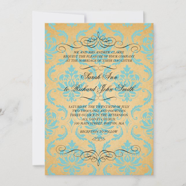 Vintage Aqua Damask Flourish Wedding Invitation (Front)