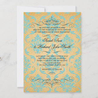 Vintage Aqua Damask Flourish Wedding Invitation