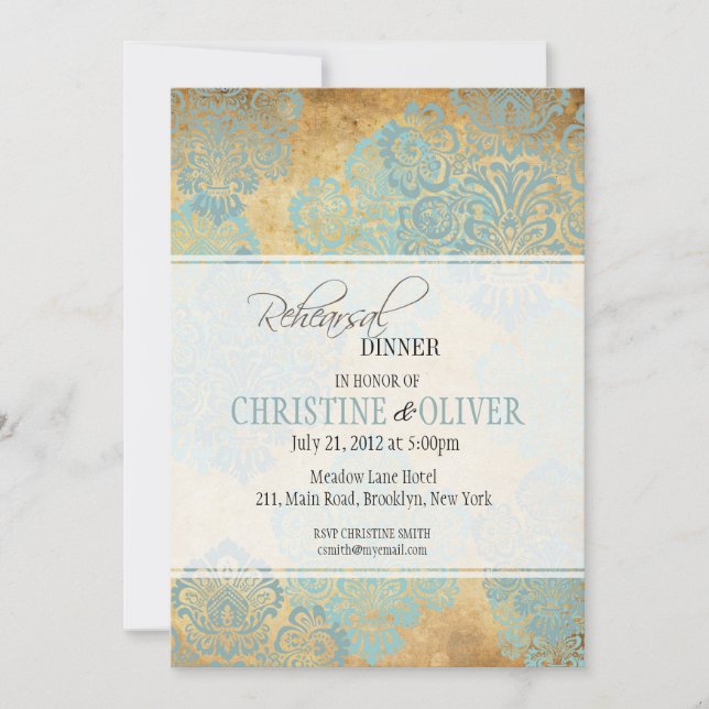 Vintage Aqua Damask Rehearsal Dinner Invitation (Front)