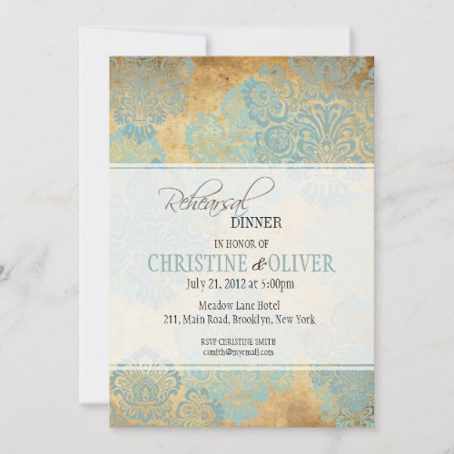 Vintage Aqua Damask Rehearsal Dinner Invitation