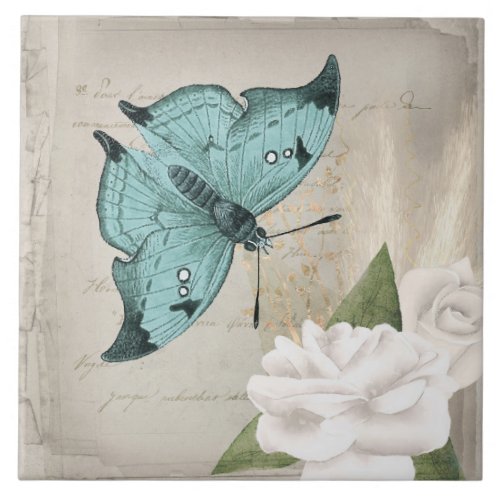 Vintage Aqua Moth on White Roses Ephemera Ceramic Tile