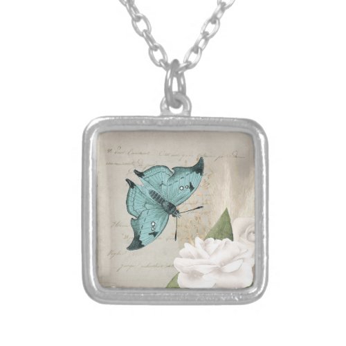 Vintage Aqua Moth on White Roses Ephemera Silver Plated Necklace