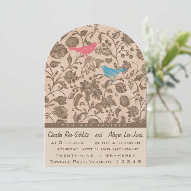 Vintage Aqua Pink Love Bird Pattern Wedding Invitation (Standing Front)