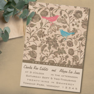 Vintage Aqua Pink Love Bird Pattern Wedding Invitation