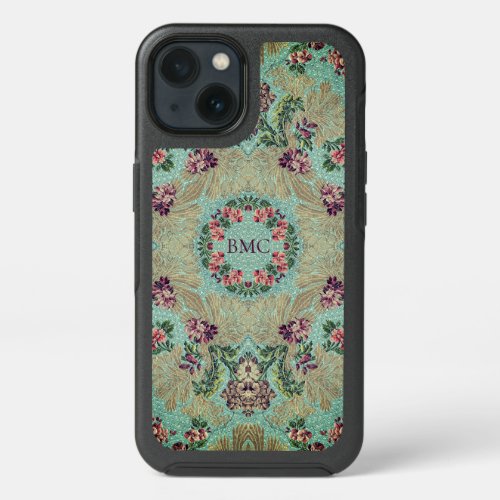 Vintage Aqua Purple Floral Remix with Initials iPhone 13 Case