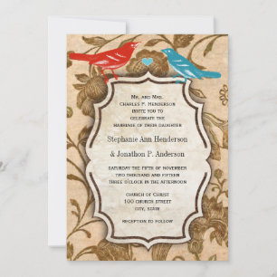 Vintage Aqua Red Love Bird Pattern Wedding Invitation