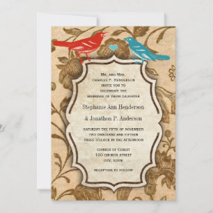 Vintage Aqua Red Love Bird Pattern Wedding Invitation
