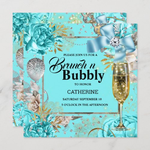 Vintage aqua rose shabby chic bubbly glitter  invitation