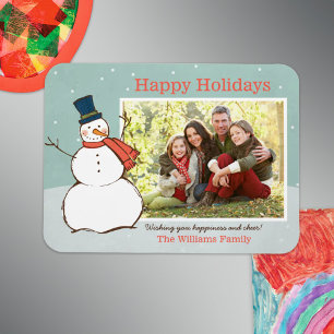 Vintage Aqua Snowman Happy Holidays Photo Magnet