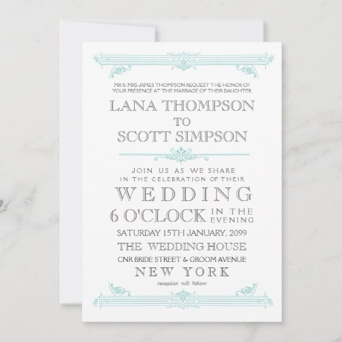 Vintage Aqua TurquoiseTypography Wedding Invite