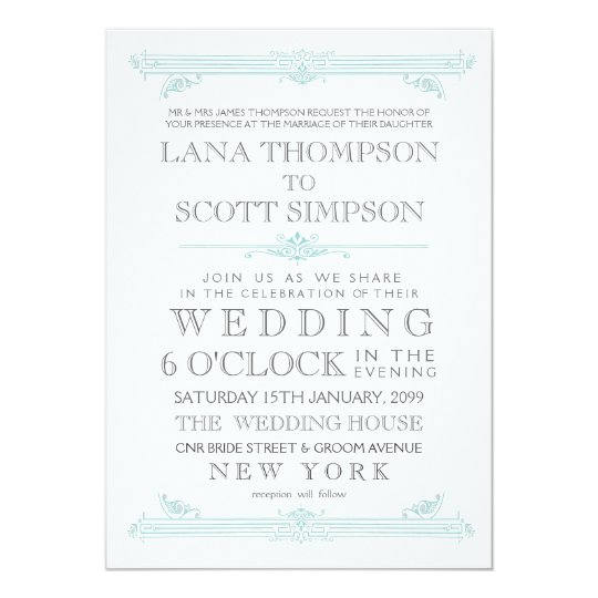 Vintage Aqua TurquoiseTypography Wedding Invite