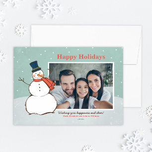 Vintage Aqua Winter Snowman Happy Holidays Photo Holiday Card