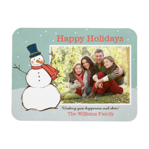 Vintage Aqua Winter Snowman Happy Holidays Photo Magnet
