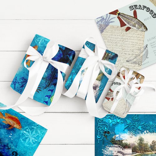 Vintage Aquatic Collage Wrapping Paper Sheets