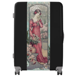 * Vintage AR23 Victorian Woman Art Nouveau Floral Luggage