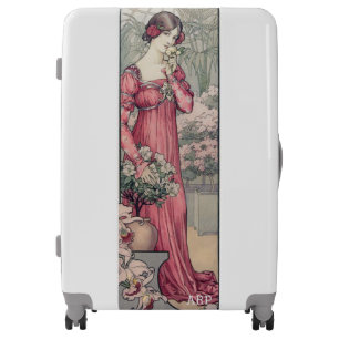 * Vintage AR23 Victorian Woman Art Nouveau Flower Luggage