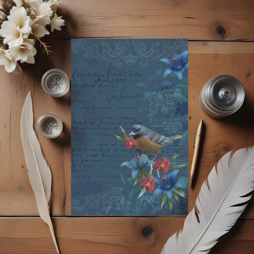 Vintage Arboretum Bird  Lilly Floral Decoupage Tissue Paper