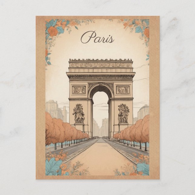 Vintage Arc De Triomphe Paris France Floral Travel Postcard (Front)
