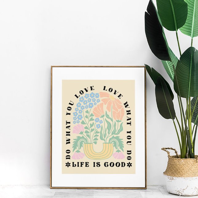 Vintage Arch Floral Inspirational Quote Poster (Vintage Arch Floral Inspirational Quote Poster in a golden frame next to a large green plant.)