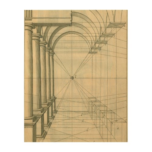 Vintage Architecture Arches Columns Perspective Wood Wall Art